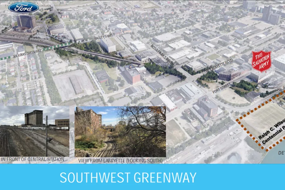 Rendering with map overlay of Southwest Greenway route